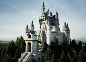 Beautiful, white Princess castle set against the blue sky
