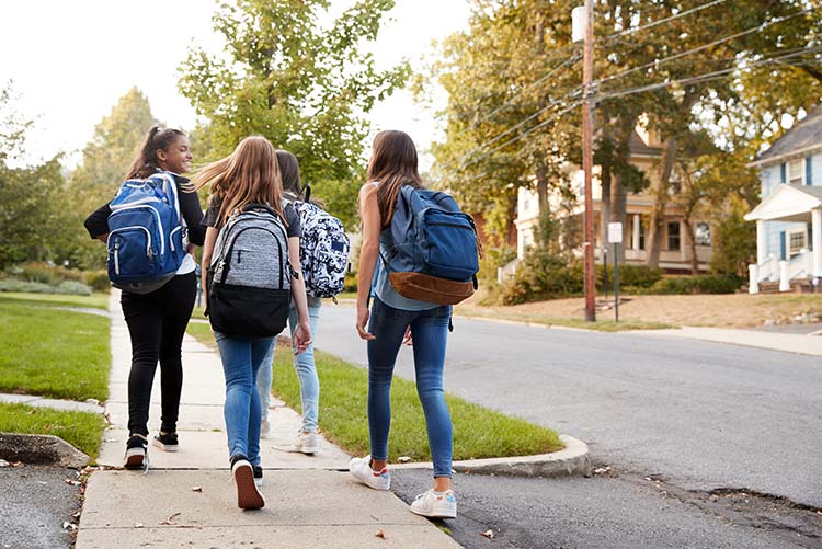 Road safety rules for children set. Kids crossing street along