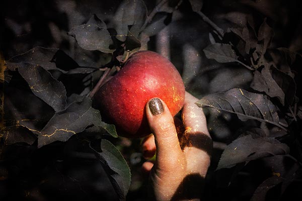 Eve holding the forbidden fruit.