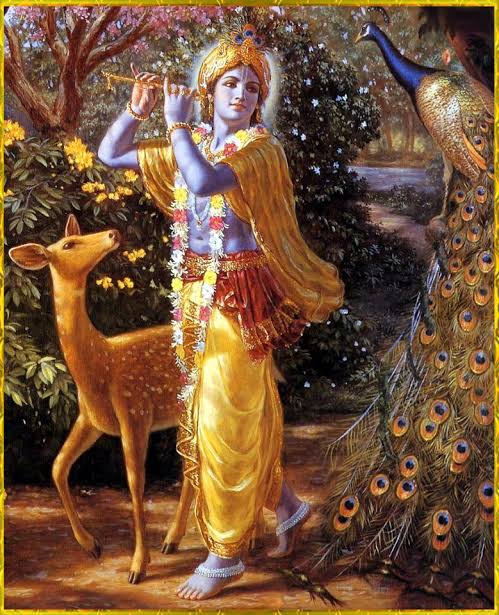 Lord Krishna playing the flute in the forest while a deer and peacock listen
