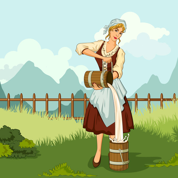 A milkmaid pouring milk from one pail to another