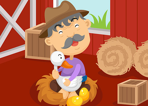 Farmer hugging a goose that lays golden eggs