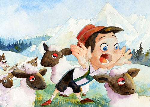 A boy, surrounded by sheep, shouting while a wolf lurks behind