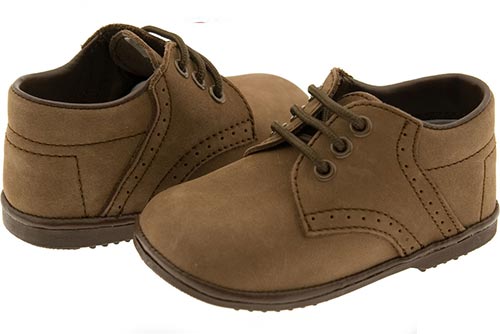 A pair of brown oxford shoes.