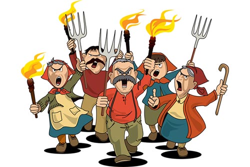 Group of angry villagers holding pitchforks and firesticks