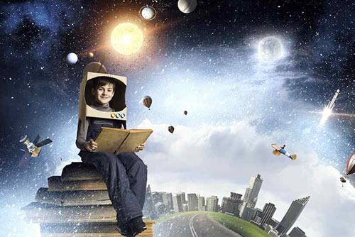 Animated picture of a boy wearing a space helmet and reading in space