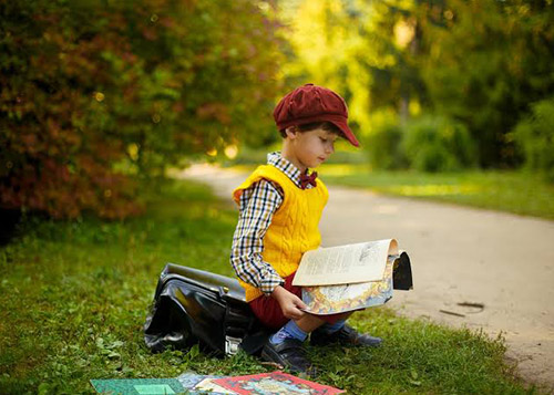 Boy sitting on a bag on the grass reading a book.