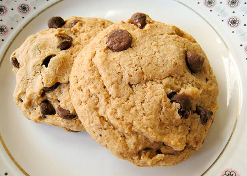 Two chocolate chip cookies on a plate
