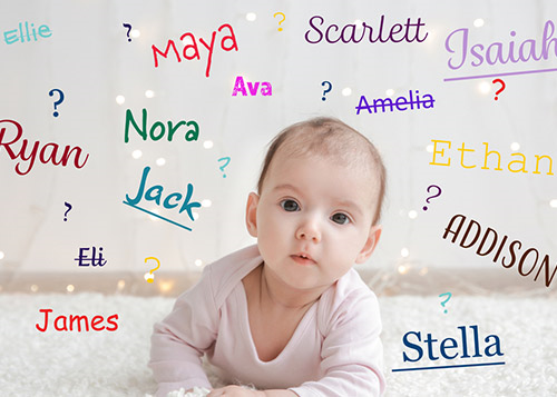 Cute baby lying on a carpet surrounded by names