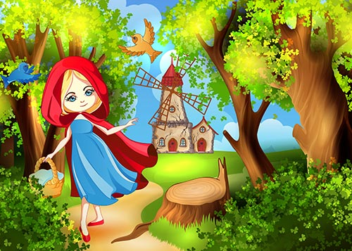 Little Red Riding Hood walking down the forest