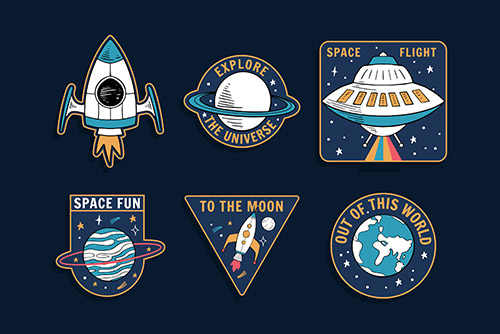 Space-inspired badges of different shapes