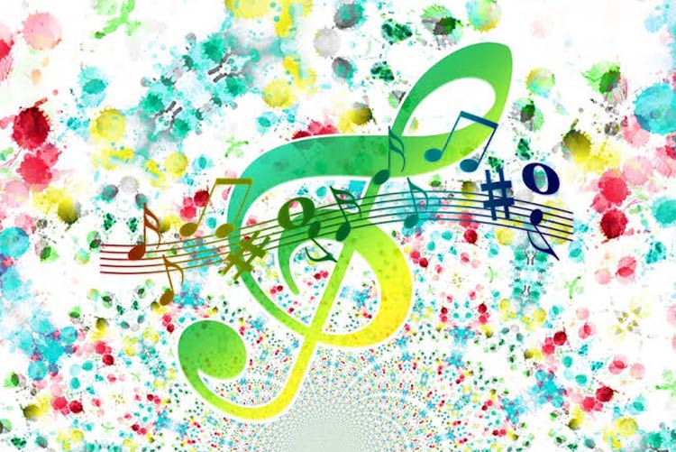 Colourful music notes with colour splatter around the notes