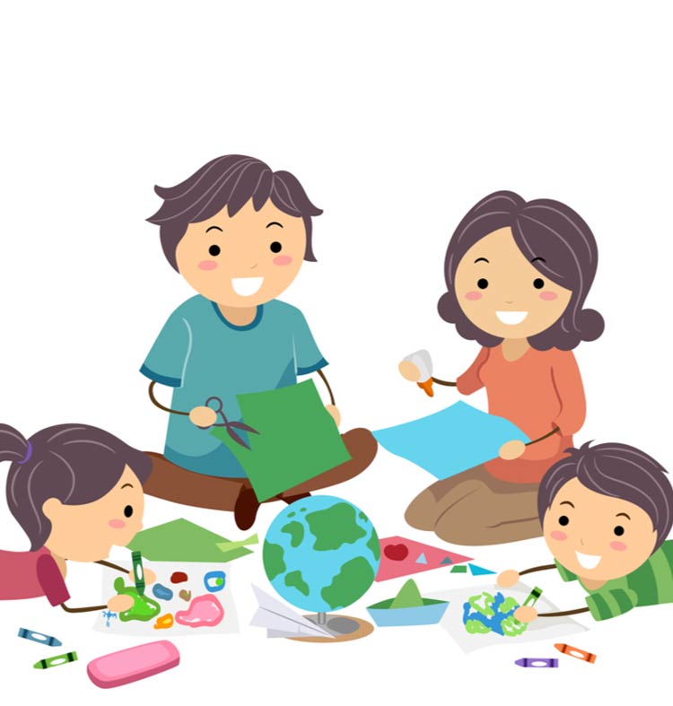 Cartoon image of parents and children making crafts with a globe in the middle