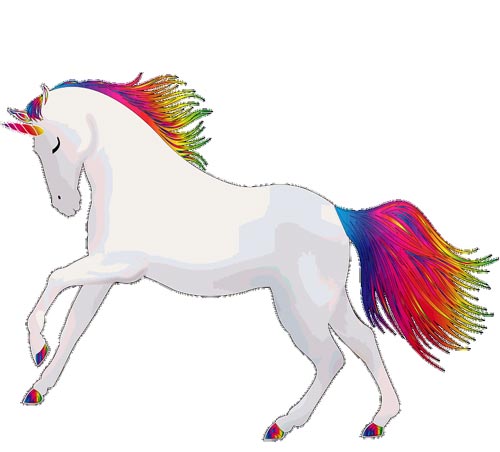 Picture of a white unicorn with a colourful horn and mane