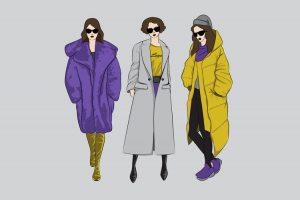 Sketch of three women in oversized blazers and jackets, posing stylishly.