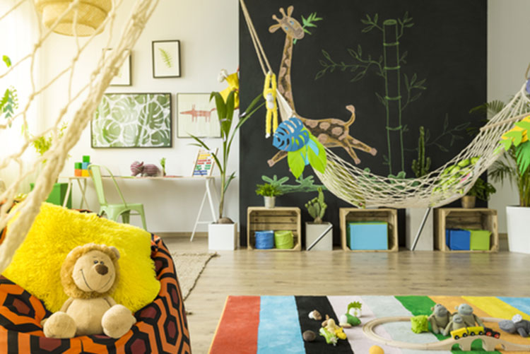 A child’s bedroom with a hammock
