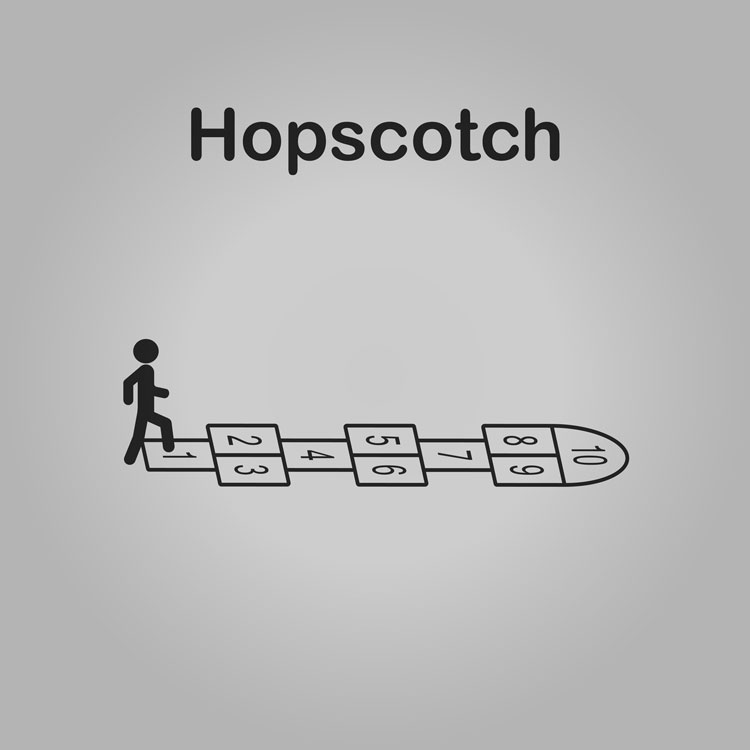 Cartoon image of a person playing Hopscotch with Hopscotch court clearly visible
