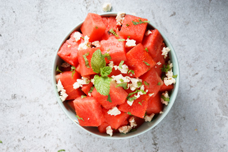 Bowl of watermelon and feta cheese salad