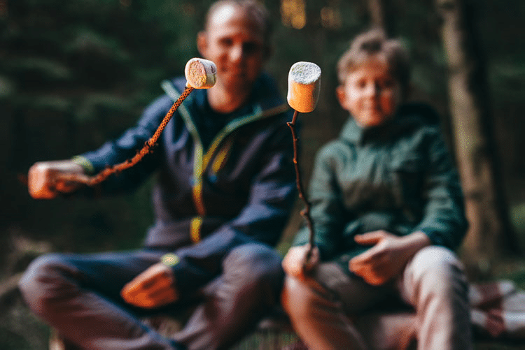 Father and son baking marshmallow candies on the campfire