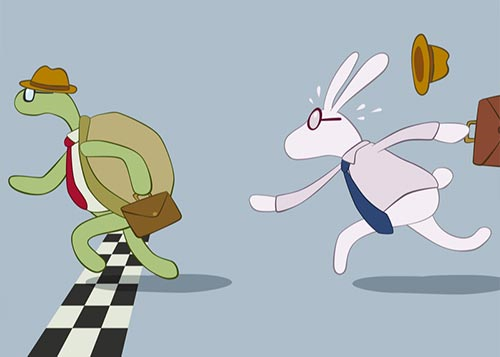 Tortoise reaching the finish line before the hare