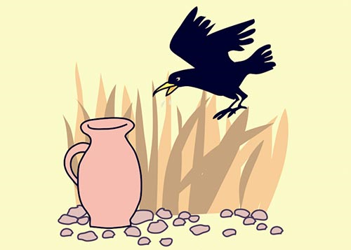 Crow throwing stones in an empty jug