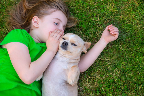 Young girl whispering into a dog’s ear