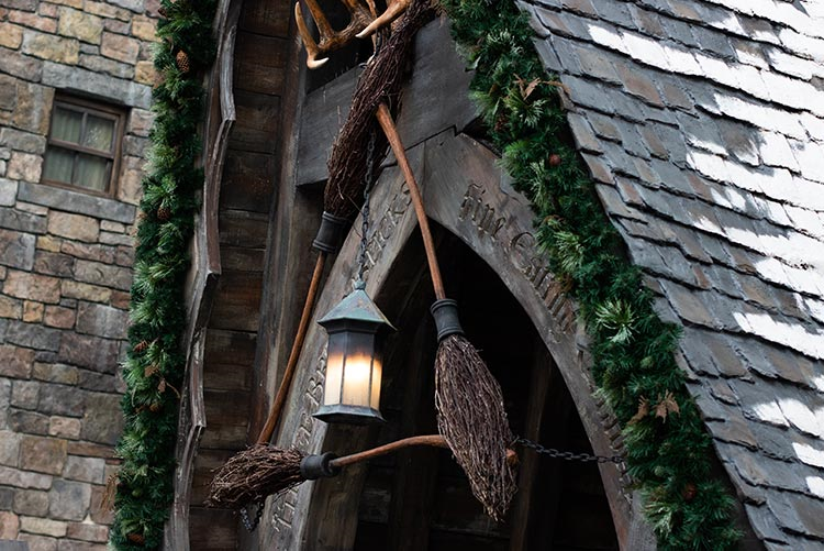 Quidditch broomsticks hanging in a Harry Potter movie set!
