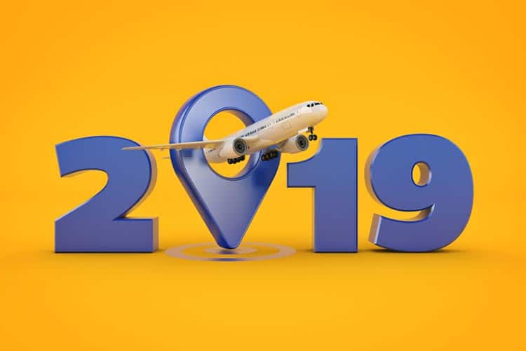 Vector image of 2019 with an airplane flying through the letter 'O'