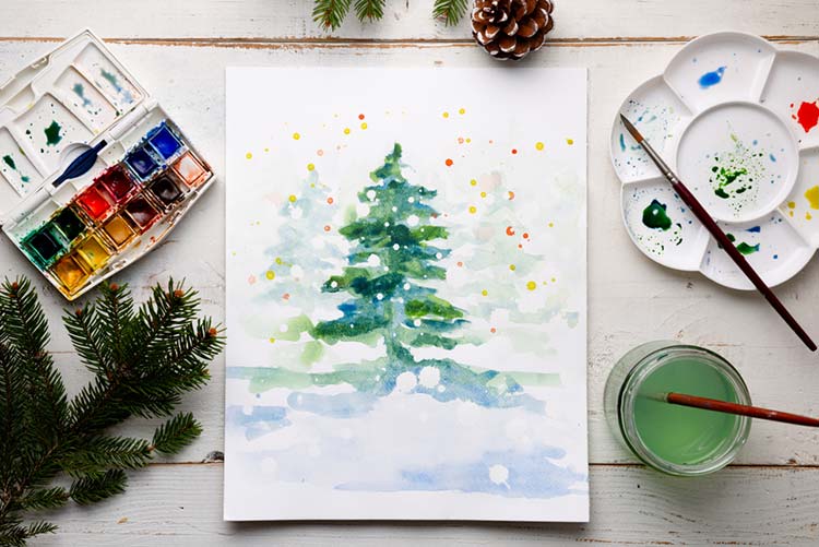 A Christmas card made with watercolour paint