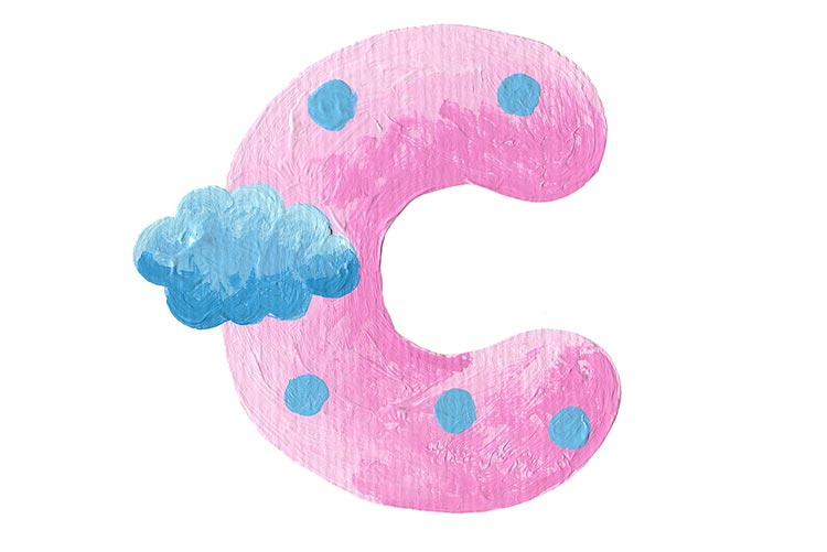 Letter C in pink and blue clouds painted in acrylics