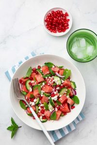 Watermelon and feta cheese salad and cucumber juice