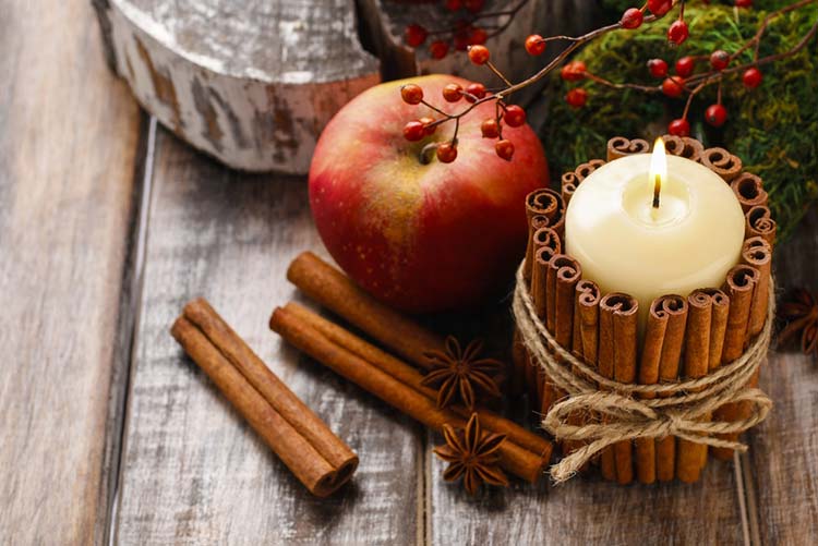 Cinnamon sticks tied around a candle with cinnamon sticks and apple next to it