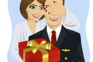 Vector image of a woman closing her husband's eyes while she hands him a gift