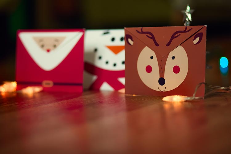 Christmas cards styles as a Santa, reindeer, and snowman