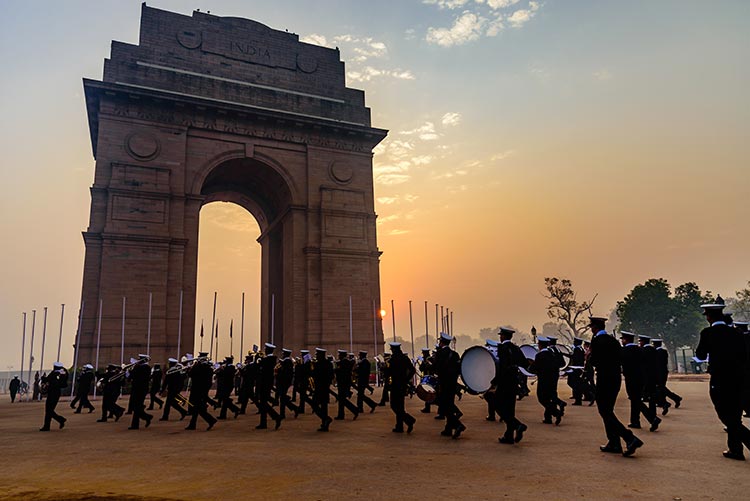 Soldiers marching to the India gate on Republic Day.