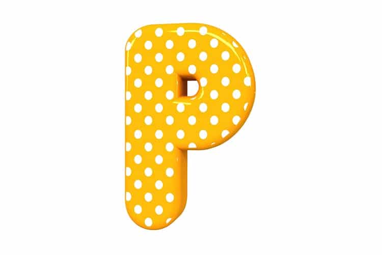 A yellow block in the shape of the letter P for Hindu baby boy names that start with P.