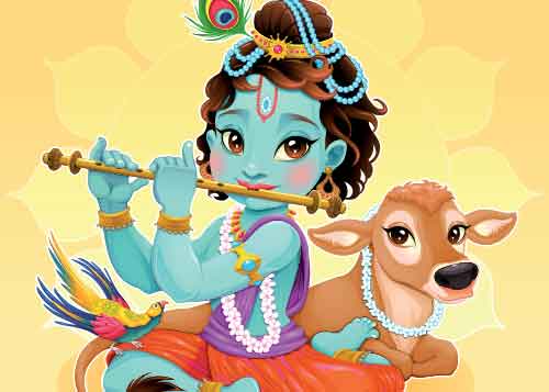 Krishna sitting next to a cow and playing the flute.