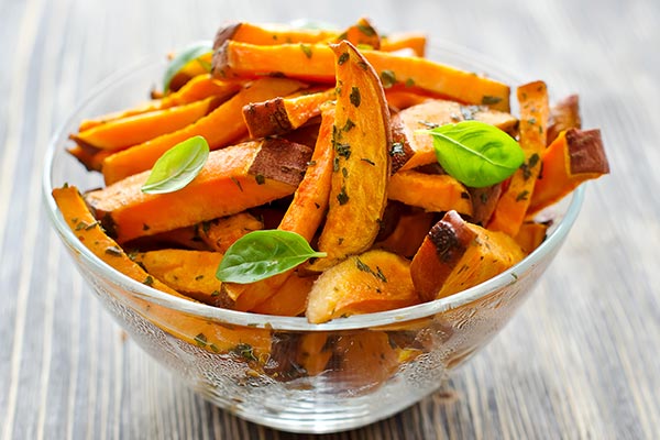 Sweet potato pieces placed in a bowl.