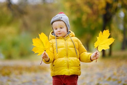 A boy, wearing a warm jacket and a winter cap, gazes at tree leaves.