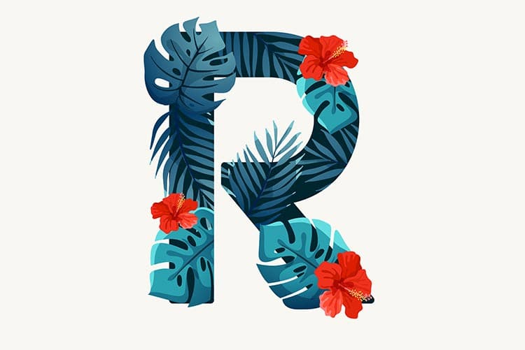 The alphabet R made with exotic tropical leaves.