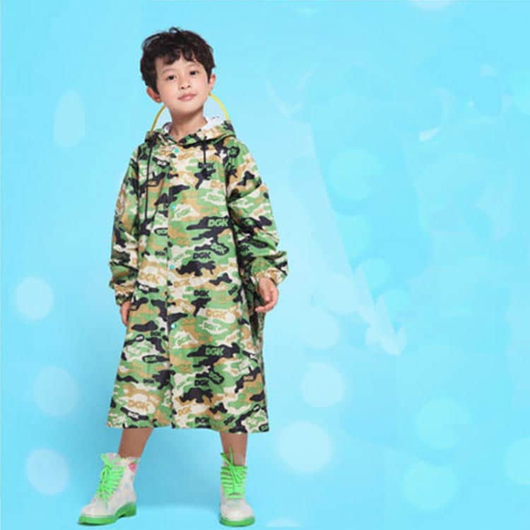 Young boy wearing a camouflage raincoat!