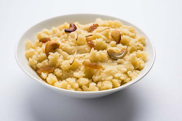 Semolina or Sooji Halwa mixed with almonds.