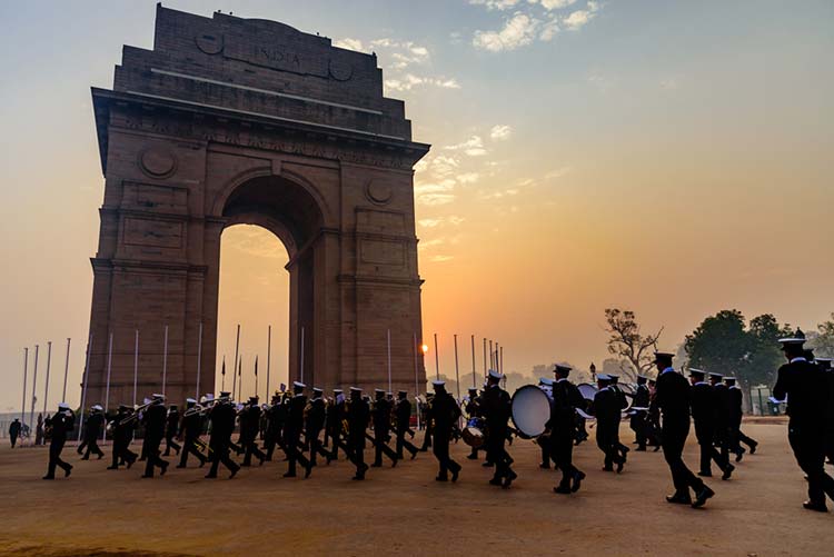 Soldiers of the India army marching on Rajpath as part of the Republic Day parade at India Gate.