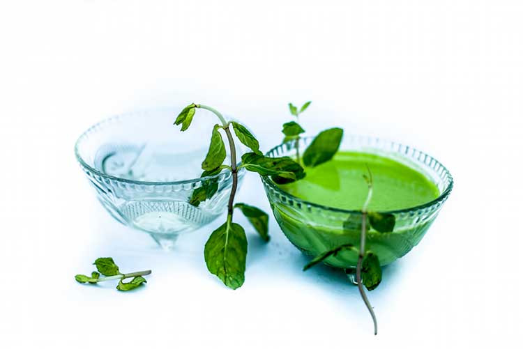 Mint water in a glass bowl kept alongside raw mint leaves.