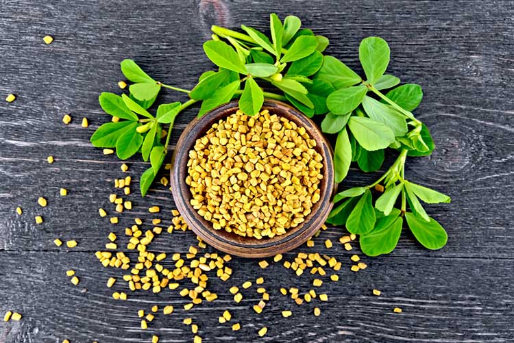 Fenugreek leaves and seeds on a wooden plank.