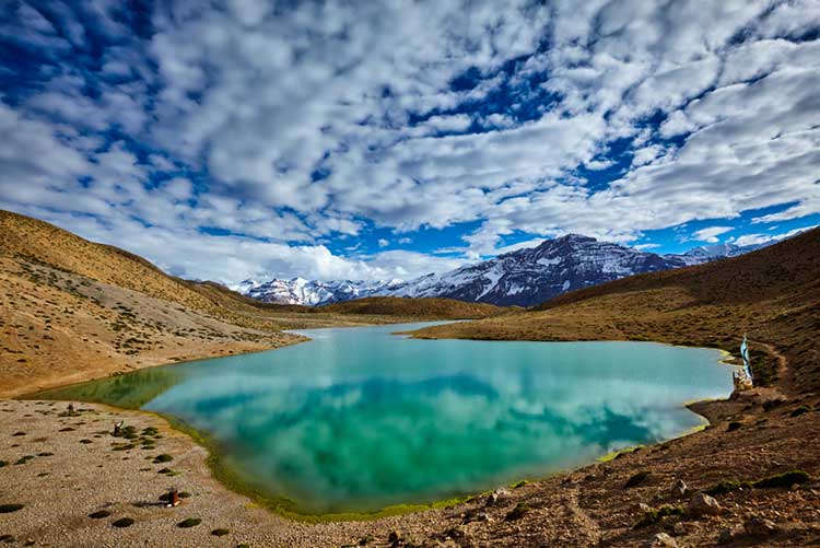 The mountainous Dhankar Lake at Spiti Valley.