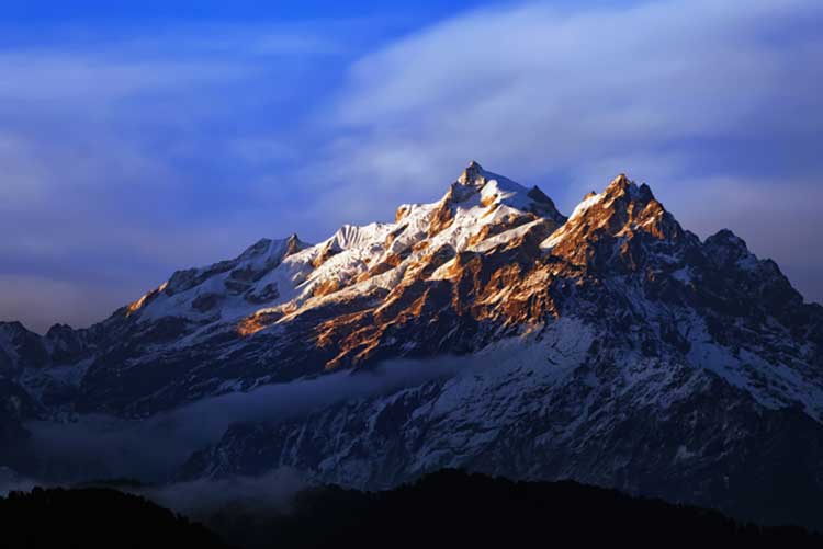 View of the snow-capped Kanchenjunga from Pelling, Sikkim.